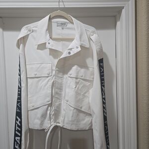 FAITH CONNEXION White  Bomber Jacket with Black Accents SIZE L EUC